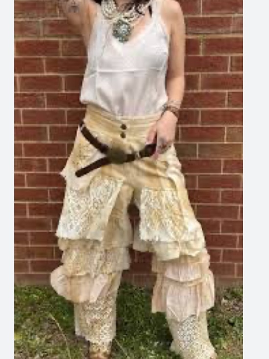 A Rare Bird Denim - Rare Bird Handmade Cream Lace Pants, tea stained
